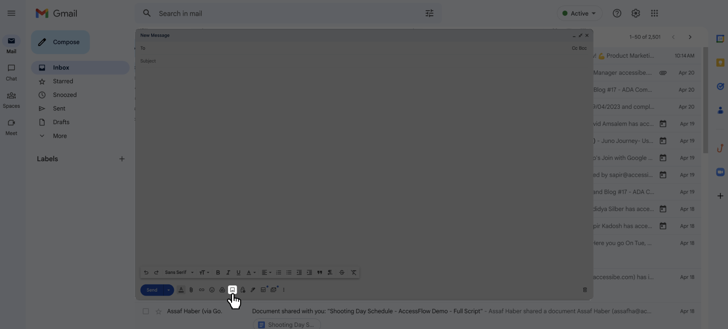 Screenshot of a cursor hovering over &ldquo;Insert photo&rdquo; button in a Gmail draft.