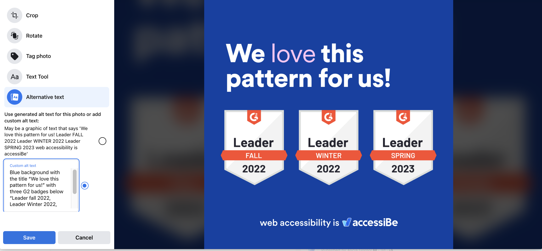 Blue background with title &ldquo;We love this pattern for us!&rdquo;, title written in white with the word &ldquo;love&rdquo; highlighted in pink. Below it, three G2 badges &ldquo;Leader Fall 2022, Leader Winter 2022, Leader Spring 2023&rdquo;. Below it &ldquo;web accessibility is&rdquo;, logo accessiBe on Facebook